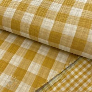 Dvojitá gázovina/mušelín Double sided CHECKS MINI ochre - mušelín, mušelin, muselin latka, mušelin latka, gazovina, gázovina metráž, gazovina latka, gázovina, trojita gazovina, bambusový mušelín, latka muselin, bavlněný mušelín metráž, mušelín látka metráž, dvojita gazovina metraz, deka pre bábätko, letná deka pre bábätko, bambusova deka pre dieta, muselinova prikryvka, strikovana deka pre babatko, biela deka pre babatko, prikrývka pre bábätko