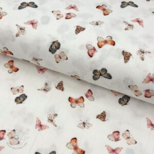 Dvojitá gázovina/mušelín Butterflies white digital print - mušelín, mušelin, muselin latka, mušelin latka, gazovina, gázovina metráž, gazovina latka, gázovina, trojita gazovina, bambusový mušelín, latka muselin, bavlněný mušelín metráž, mušelín látka metráž, dvojita gazovina metraz, deka pre bábätko, letná deka pre bábätko, bambusova deka pre dieta, muselinova prikryvka, strikovana deka pre babatko, biela deka pre babatko, prikrývka pre bábätko