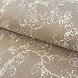 Dvojitá gázovina/mušelín EMBROIDERY Climbing flowers beige - mušelín, mušelin, muselin latka, mušelin latka, gazovina, gázovina metráž, gazovina latka, gázovina, trojita gazovina, bambusový mušelín, latka muselin, bavlněný mušelín metráž, mušelín látka metráž, dvojita gazovina metraz, deka pre bábätko, letná deka pre bábätko, bambusova deka pre dieta, muselinova prikryvka, strikovana deka pre babatko, biela deka pre babatko, prikrývka pre bábätko