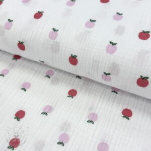 Dvojitá gázovina/mušelín Fruits apple white - mušelín, mušelin, muselin latka, mušelin latka, gazovina, gázovina metráž, gazovina latka, gázovina, trojita gazovina, bambusový mušelín, latka muselin, bavlněný mušelín metráž, mušelín látka metráž, dvojita gazovina metraz, deka pre bábätko, letná deka pre bábätko, bambusova deka pre dieta, muselinova prikryvka, strikovana deka pre babatko, biela deka pre babatko, prikrývka pre bábätko