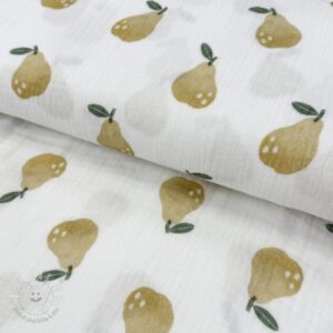 Dvojitá gázovina/mušelín Pears design B digital print - mušelín, mušelin, muselin latka, mušelin latka, gazovina, gázovina metráž, gazovina latka, gázovina, trojita gazovina, bambusový mušelín, latka muselin, bavlněný mušelín metráž, mušelín látka metráž, dvojita gazovina metraz, deka pre bábätko, letná deka pre bábätko, bambusova deka pre dieta, muselinova prikryvka, strikovana deka pre babatko, biela deka pre babatko, prikrývka pre bábätko