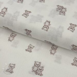 Dvojitá gázovina/mušelín Teddy white digital print ORGANIC - mušelín, mušelin, muselin latka, mušelin latka, gazovina, gázovina metráž, gazovina latka, gázovina, trojita gazovina, bambusový mušelín, latka muselin, bavlněný mušelín metráž, mušelín látka metráž, dvojita gazovina metraz, deka pre bábätko, letná deka pre bábätko, bambusova deka pre dieta, muselinova prikryvka, strikovana deka pre babatko, biela deka pre babatko, prikrývka pre bábätko