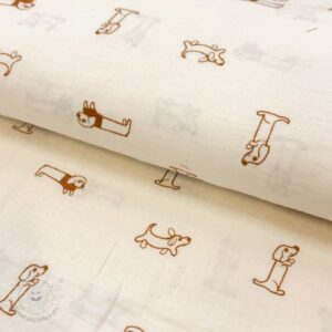 Dvojitá gázovina/mušelín EMBROIDERY Dogs ecru - mušelín, mušelin, muselin latka, mušelin latka, gazovina, gázovina metráž, gazovina latka, gázovina, trojita gazovina, bambusový mušelín, latka muselin, bavlněný mušelín metráž, mušelín látka metráž, dvojita gazovina metraz, deka pre bábätko, letná deka pre bábätko, bambusova deka pre dieta, muselinova prikryvka, strikovana deka pre babatko, biela deka pre babatko, prikrývka pre bábätko