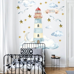 Originálna nálepka s menom - Maják a mesiac - nalepky na stenu s menom, nalepka s menom, nalepky s menom, drevene meno na stenu, samolepky s menom, nalepka na stenu meno, nálepky na stenu meno, girlanda s menom, vlajkova girlanda, darcek pre novorodenca s menom, ozdobna girlanda, personalizovane nalepky, personalizovany darcek, darcek s menom, darceky s menom