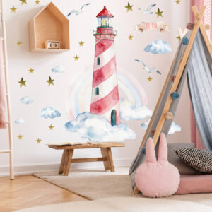 Akvarelová nálepka pre dievča - Maják s dúhou a menom - nalepky na stenu s menom, nalepka s menom, nalepky s menom, drevene meno na stenu, samolepky s menom, nalepka na stenu meno, nálepky na stenu meno, girlanda s menom, vlajkova girlanda, darcek pre novorodenca s menom, ozdobna girlanda, personalizovane nalepky, personalizovany darcek, darcek s menom, darceky s menom