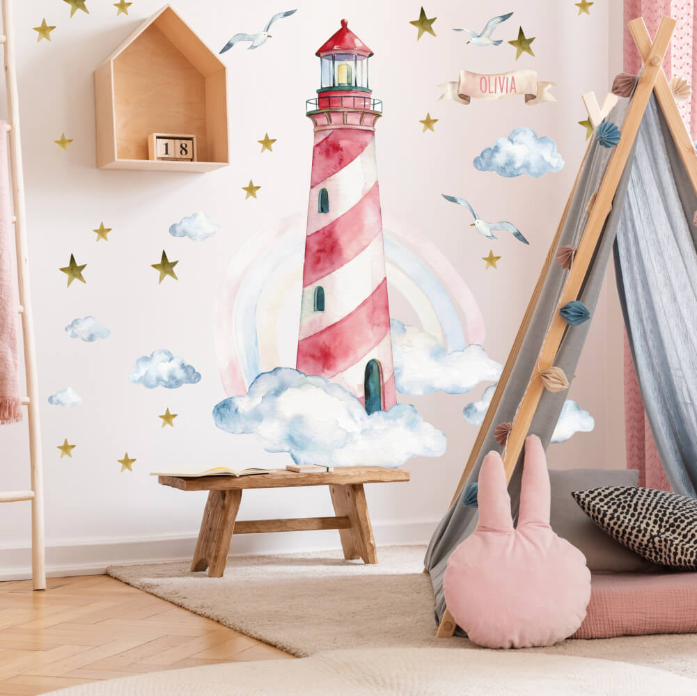 Akvarelová nálepka pre dievča - Maják s dúhou a menom - nalepky na stenu s menom, nalepka s menom, nalepky s menom, drevene meno na stenu, samolepky s menom, nalepka na stenu meno, nálepky na stenu meno, girlanda s menom, vlajkova girlanda, darcek pre novorodenca s menom, ozdobna girlanda, personalizovane nalepky, personalizovany darcek, darcek s menom, darceky s menom