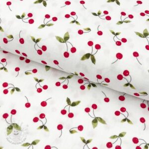 Dvojitá gázovina/mušelín Cherries white digital print - mušelín, mušelin, muselin latka, mušelin latka, gazovina, gázovina metráž, gazovina latka, gázovina, trojita gazovina, bambusový mušelín, latka muselin, bavlněný mušelín metráž, mušelín látka metráž, dvojita gazovina metraz, deka pre bábätko, letná deka pre bábätko, bambusova deka pre dieta, muselinova prikryvka, strikovana deka pre babatko, biela deka pre babatko, prikrývka pre bábätko