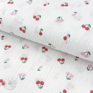 Dvojitá gázovina/mušelín Fruits cherry white - mušelín, mušelin, muselin latka, mušelin latka, gazovina, gázovina metráž, gazovina latka, gázovina, trojita gazovina, bambusový mušelín, latka muselin, bavlněný mušelín metráž, mušelín látka metráž, dvojita gazovina metraz, deka pre bábätko, letná deka pre bábätko, bambusova deka pre dieta, muselinova prikryvka, strikovana deka pre babatko, biela deka pre babatko, prikrývka pre bábätko